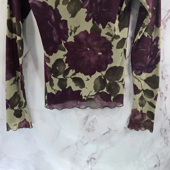 Vintage 90s Y2K Shirt Women Small Green Mesh Lettuce Hem Sheer Floral Rose - Picture 7 of 13